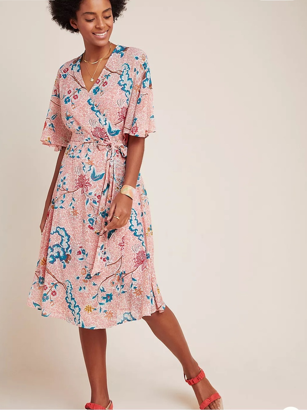 Anthropologie Pink Floral Wrap Midi Dress with Blue Accents